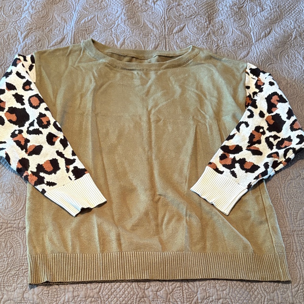 SHEIN Olive Sweater with Leopard Print Sleeves